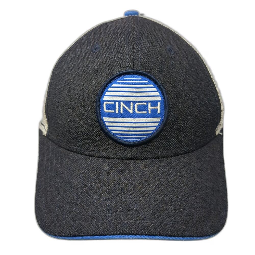 Cinch Trucker Hat Black OSFM Snapback Mesh Back Blue White Striped Logo Patch